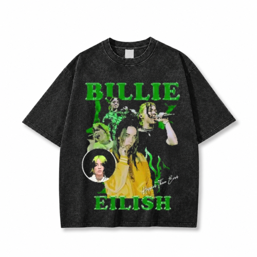 Czarna sprana koszulka Billie Eilish z nadrukiem z przodu