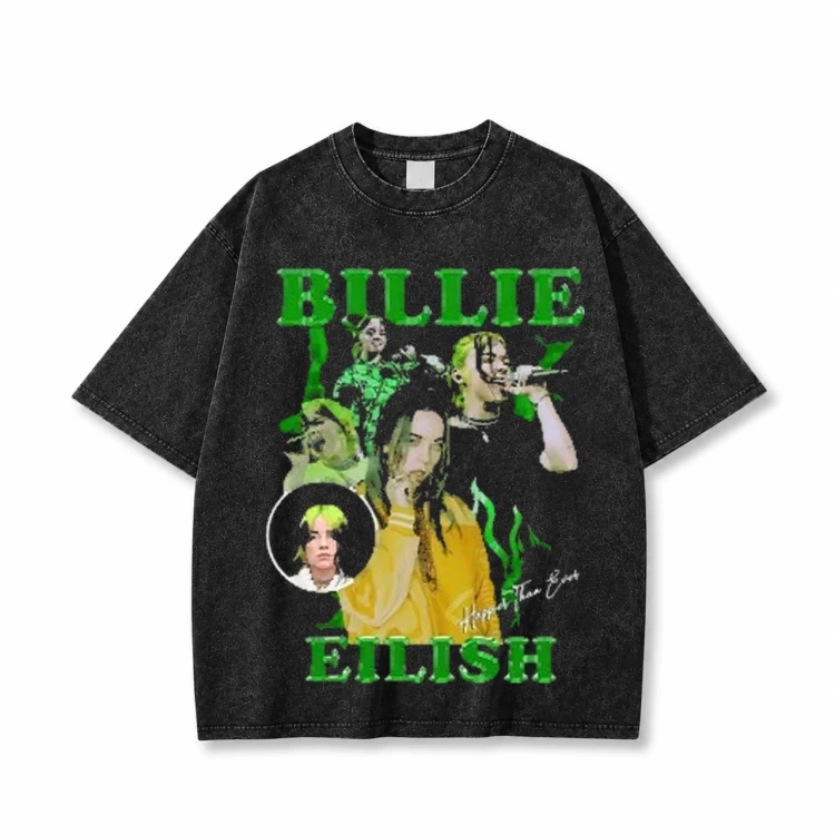 Czarna sprana koszulka Billie Eilish z nadrukiem z przodu