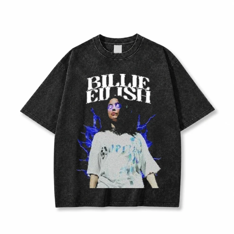 Czarna sprana koszulka Billie Eilish z nadrukiem z przodu