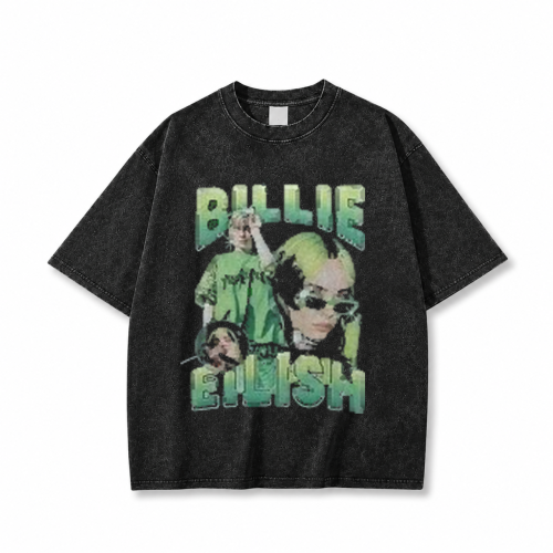 Czarna sprana koszulka Billie Eilish z nadrukiem z przodu
