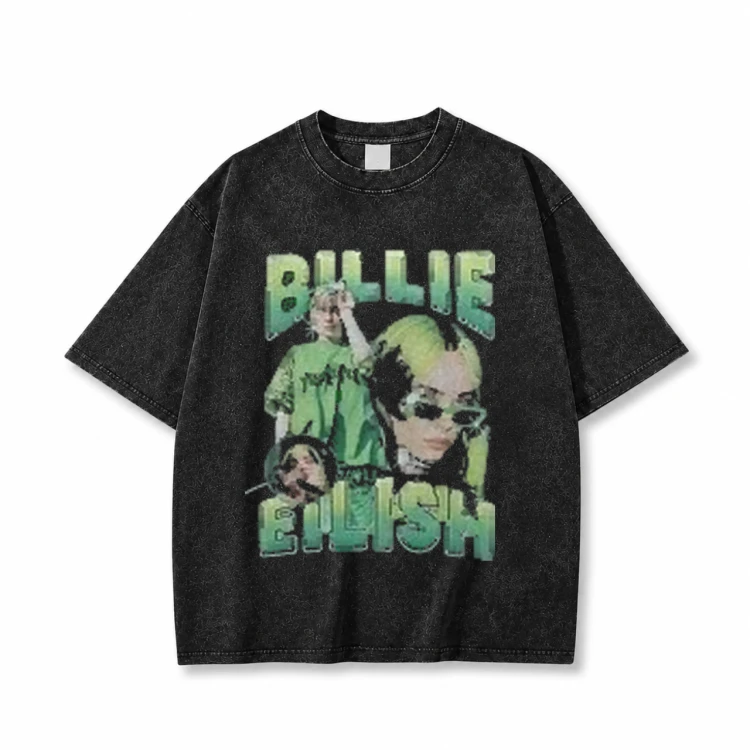 Czarna sprana koszulka Billie Eilish z nadrukiem z przodu