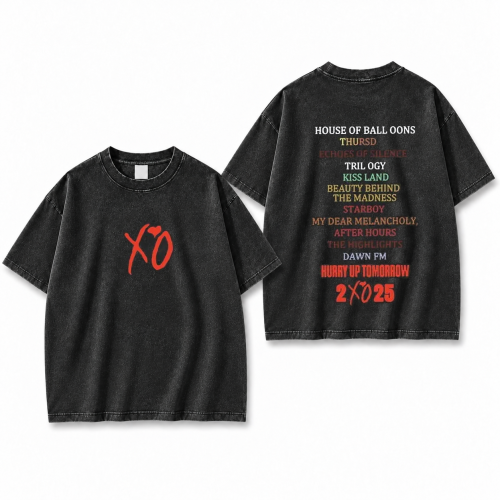 Sprana czarna koszulka The Weeknd XO ze spisem albumów z tyłu