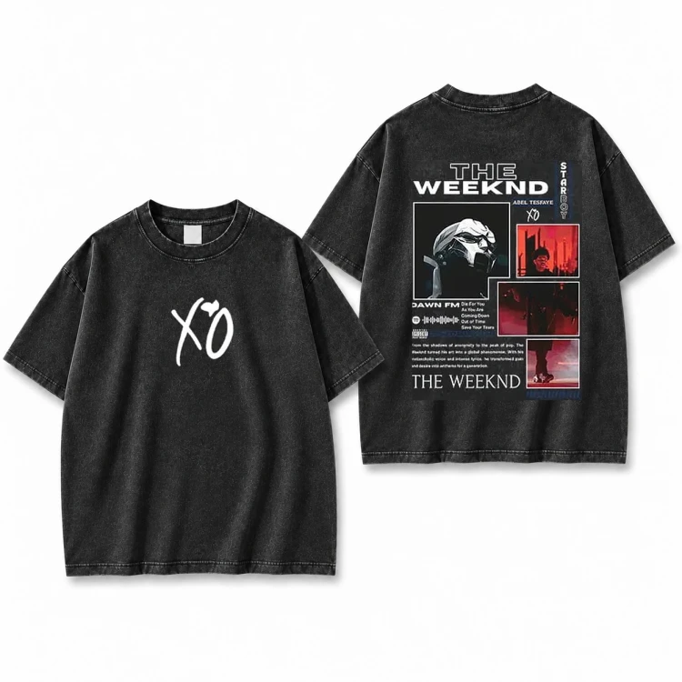 Sprana czarna koszulka The Weeknd XO z plakatem Dawn FM z tyłu