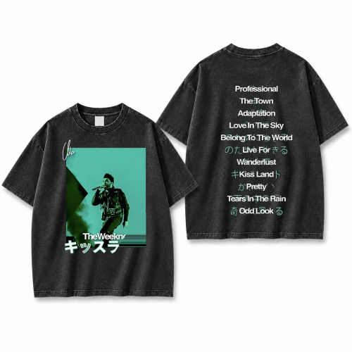 Sprana czarna koszulka The Weeknd Kiss Land z nadrukiem z przodu i z tyłu