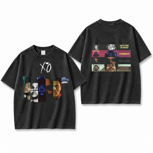 Sprana czarna koszulka The Weeknd XO ze zdjęciami z nadrukiem z przodu i z tyłu