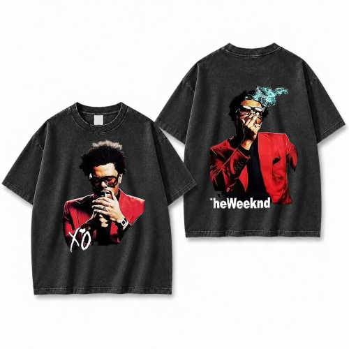 Sprana czarna koszulka The Weeknd XO z portretem z nadrukiem z przodu i z tyłu
