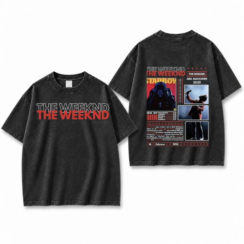 Sprana czarna koszulka The Weeknd z napisem i kolażem zdjęć z nadrukiem z przodu i z tyłu