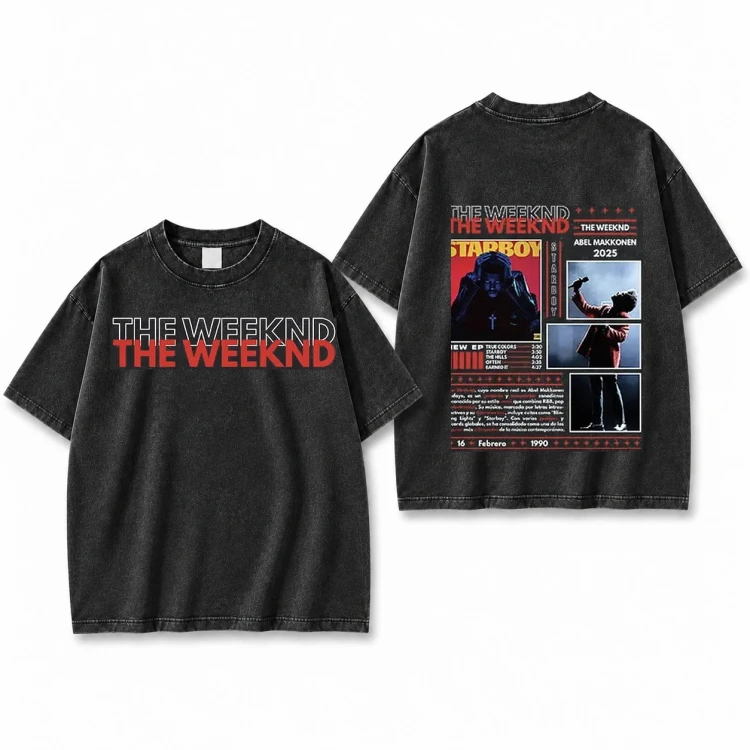 Sprana czarna koszulka The Weeknd z napisem i kolażem zdjęć z nadrukiem z przodu i z tyłu