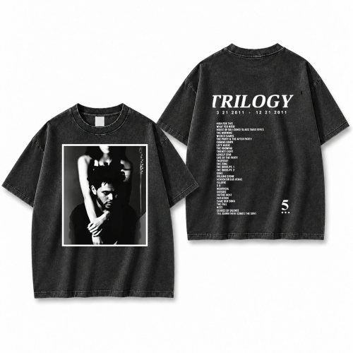 Sprana czarna koszulka The Weeknd Trilogy z nadrukiem z przodu i z tyłu