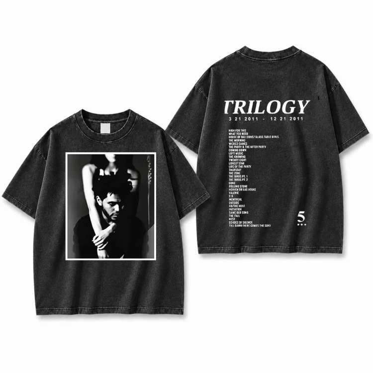 Sprana czarna koszulka The Weeknd Trilogy z nadrukiem z przodu i z tyłu