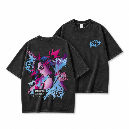 Sprana czarna koszulka League of Legends / Arcane z nadrukiem Jinx