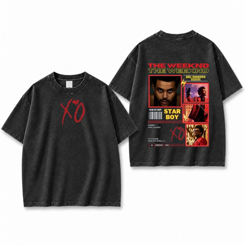 Sprana czarna koszulka The Weeknd XO i Starboy z nadrukiem z przodu i z tyłu