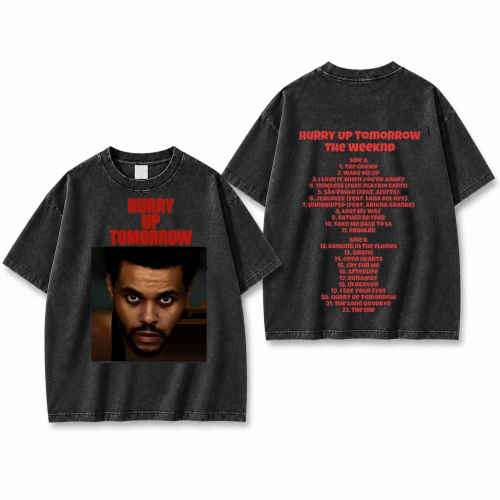 Sprana czarna koszulka The Weeknd Hurry Up Tomorrow z okładką albumu z nadrukiem z przodu i z tyłu