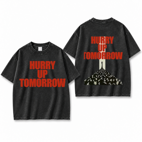 Sprana czarna koszulka The Weeknd Hurry Up Tomorrow z nadrukiem z przodu i z tyłu