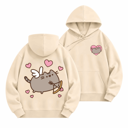 Beżowa bluza z kapturem Pusheen Kupidyn - nadruk z tyłu i serduszko z przodu