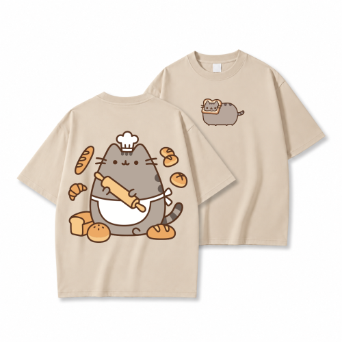 Beżowa koszulka Pusheen Piekarz - nadruk z tyłu i kotek z tostem z przodu