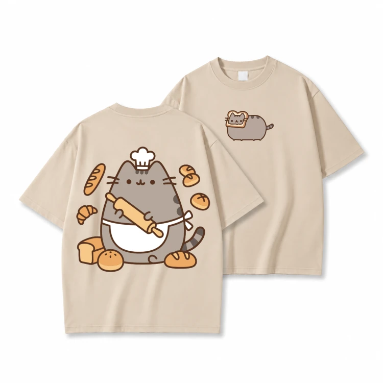 Beżowa koszulka Pusheen Piekarz - nadruk z tyłu i kotek z tostem z przodu
