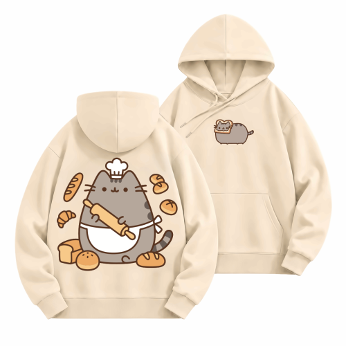Beżowa bluza z kapturem Pusheen Piekarz - nadruk z tyłu i kotek z tostem z przodu