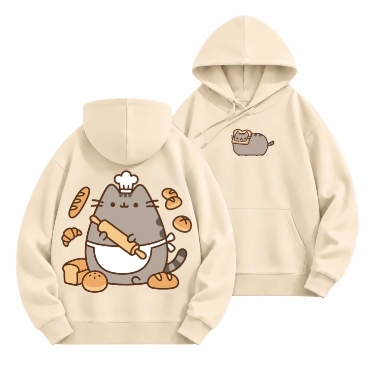 Beżowa bluza z kapturem Pusheen Piekarz - nadruk z tyłu i kotek z tostem z przodu