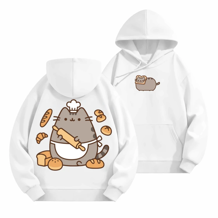 Biała bluza z kapturem Pusheen Piekarz - nadruk z tyłu i kotek z tostem z przodu