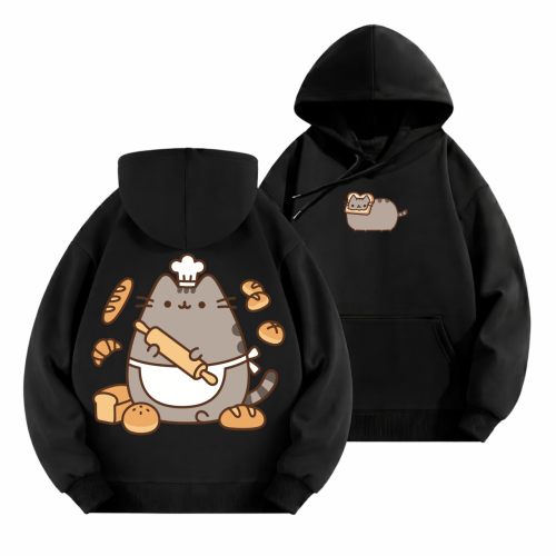 Czarna bluza z kapturem Pusheen Piekarz - nadruk z tyłu i kotek z tostem z przodu