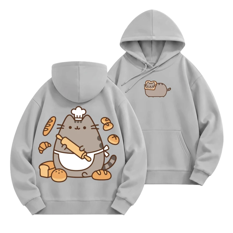 Szara bluza z kapturem Pusheen Piekarz - nadruk z tyłu i kotek z tostem z przodu