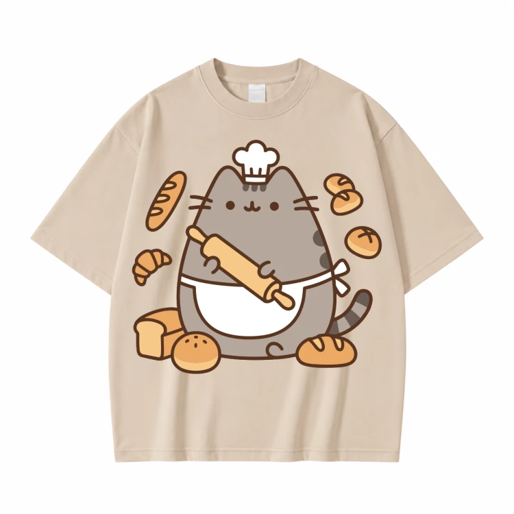 Beżowa koszulka Pusheen Piekarz z Wałkiem - nadruk z przodu