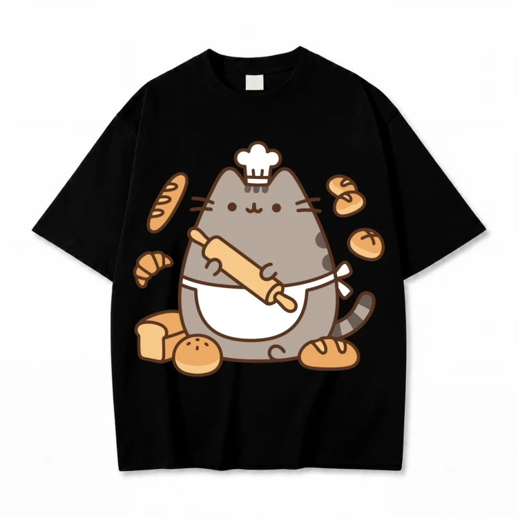 Czarna koszulka Pusheen Piekarz z Wałkiem - nadruk z przodu