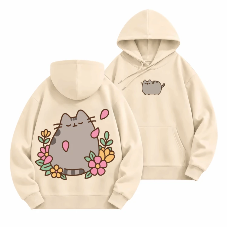 Beżowa bluza z kapturem Pusheen w Kwiatach - nadruk na plecach i mały kotek z przodu