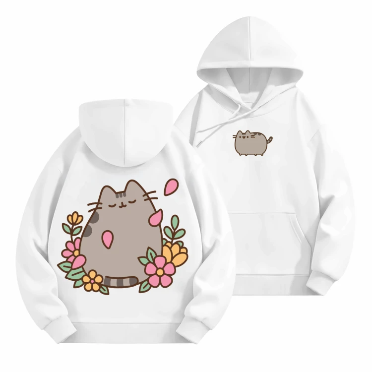 Biała bluza z kapturem Pusheen w Kwiatach - nadruk na plecach i mały kotek z przodu