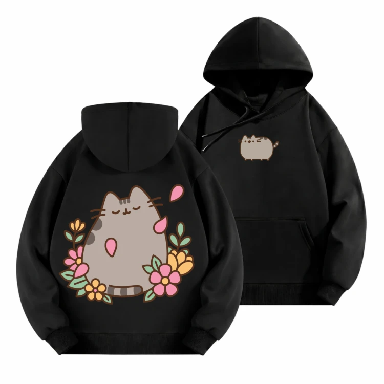 Czarna bluza z kapturem Pusheen w Kwiatach - nadruk na plecach i mały kotek z przodu