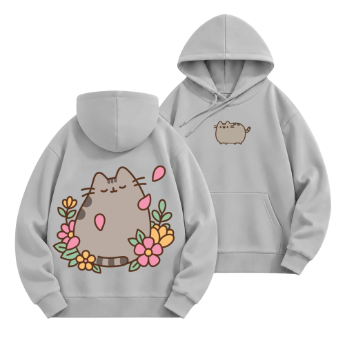 Szara bluza z kapturem Pusheen w Kwiatach - nadruk na plecach i mały kotek z przodu