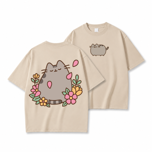 Beżowa koszulka Pusheen w Kwiatach - nadruk na plecach i mały kotek z przodu