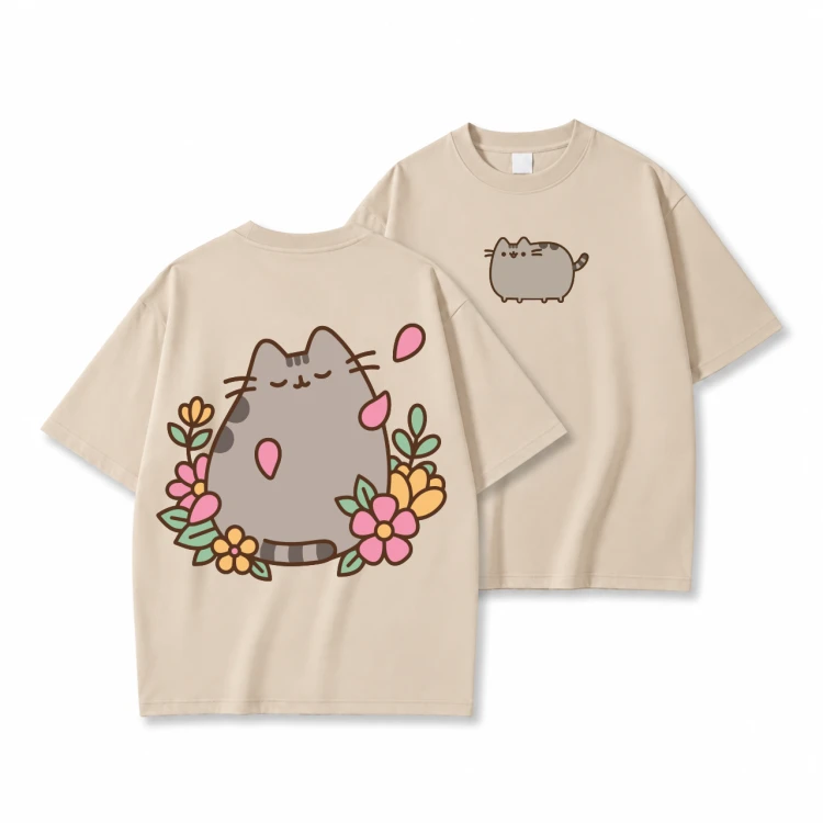 Beżowa koszulka Pusheen w Kwiatach - nadruk na plecach i mały kotek z przodu