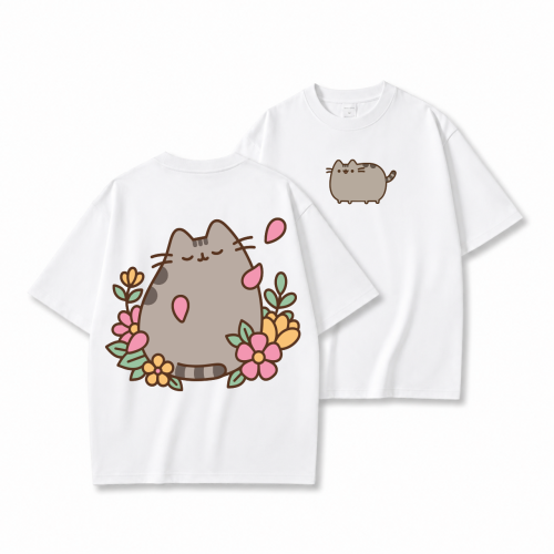 Biała koszulka Pusheen w Kwiatach - nadruk na plecach i mały kotek z przodu