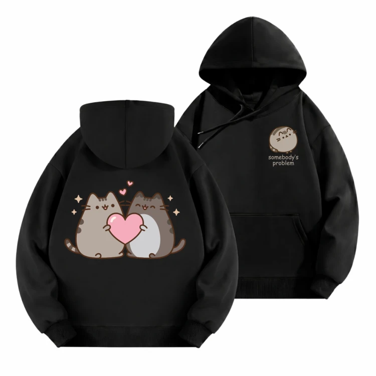 Czarna bluza z kapturem Pusheen Somebody's Problem - kotki z serduszkiem na plecach i napis z przodu