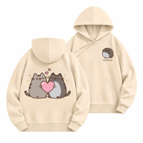 Beżowa bluza z kapturem Pusheen Somebody - kotki z serduszkiem na plecach i napis z przodu