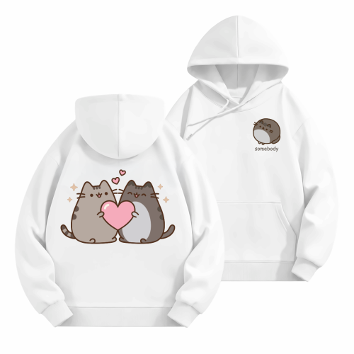 Biała bluza z kapturem Pusheen Somebody - kotki z serduszkiem na plecach i napis z przodu